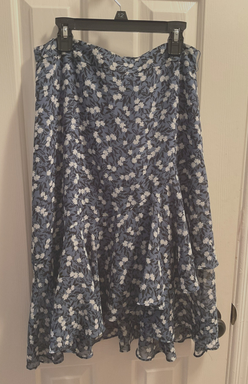 Ann Taylor Petite 2P Blue Floral Midi Skirt Asymmetrical Ruffle Hem Flowy